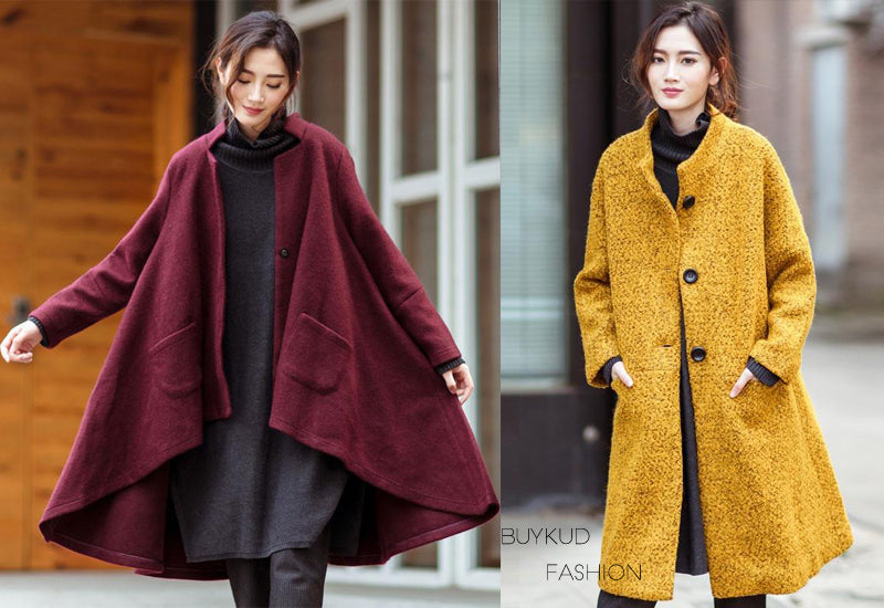 Wine Red Loose Wool Jacket Coat Yellow Loose Wool Coat