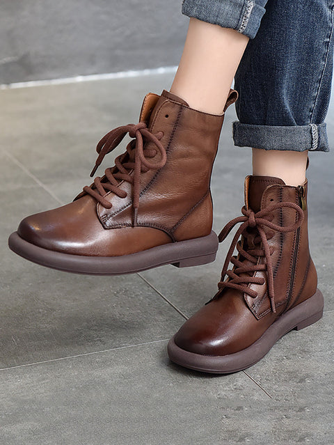 Women Genuine Leather Soft Zipper Mid Heel Martin Boots