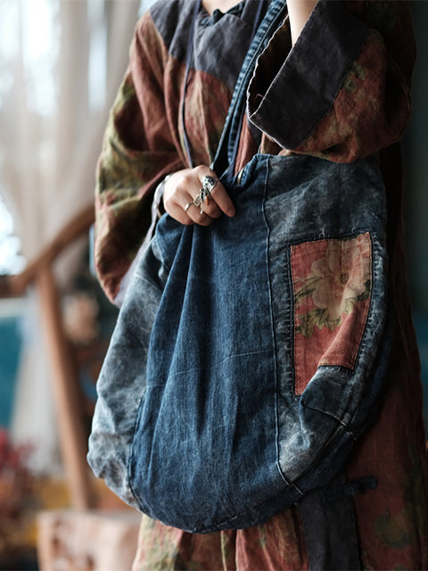 Bolsa de ombro feminina vintage denim emendada