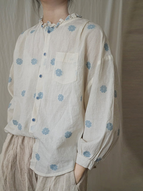 Camisa feminina Artsy Spring Flower Algodão Rendado Pescoço