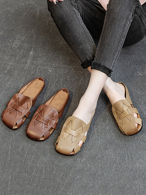 Women Vintage Genuine Leather Hollow Out Soft Slippers