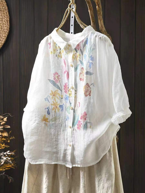 Women Artsy Summer Flower Print Ramie Blouse