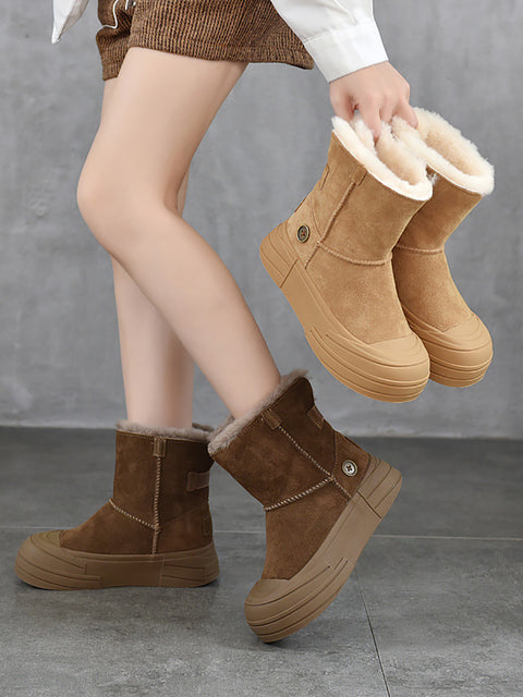 Women Winter Leather Spliced Fleece-lined Mid-Heel Snow Boots