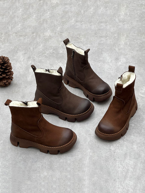 Botas femininas de inverno com couro sólido forrado de lã