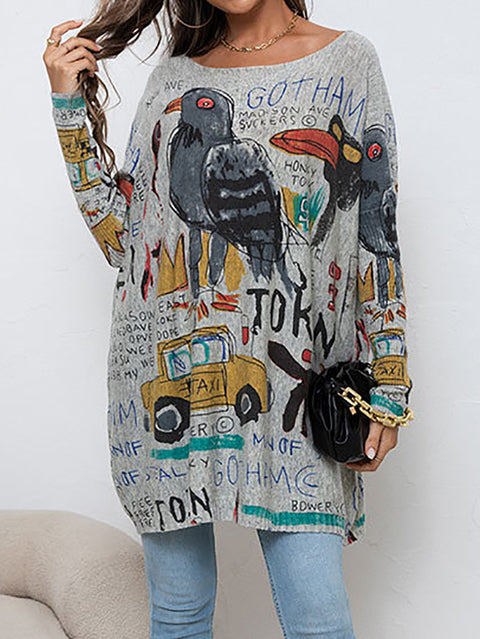 Mulheres Casual Cartoon Bird Print Tricotado Camisa