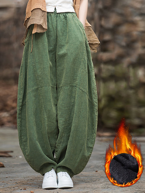 Calças femininas de harém soltas com forro de lã Ramie de inverno