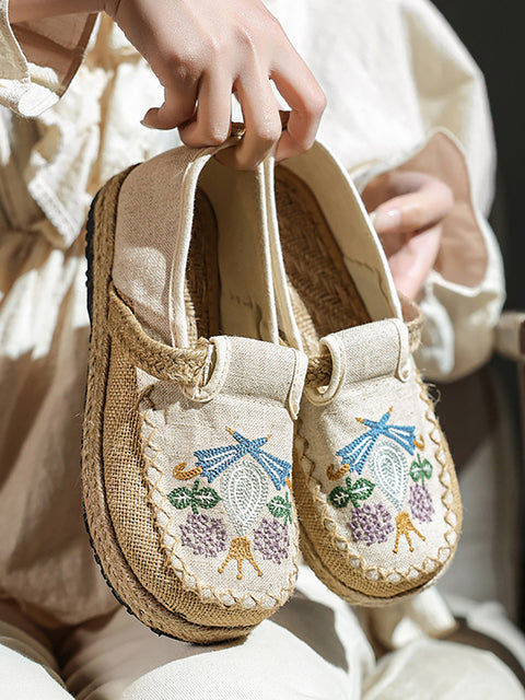 Sapatos femininos de verão com flor étnica bordada e emendada