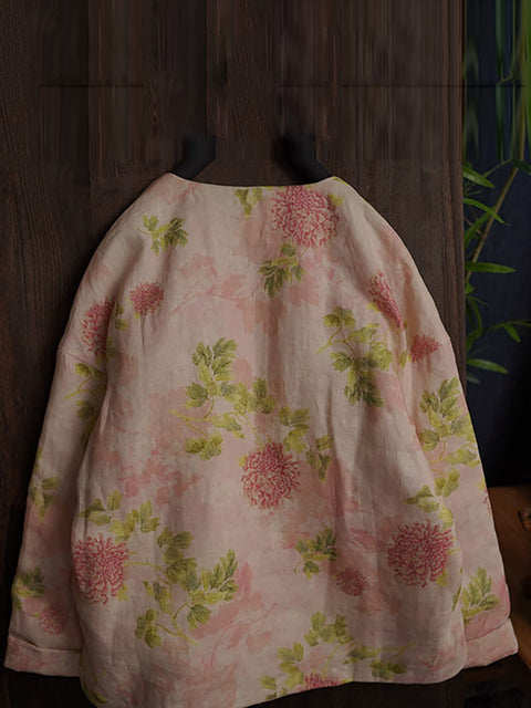 Casaco acolchoado feminino de linho com flores de inverno artístico