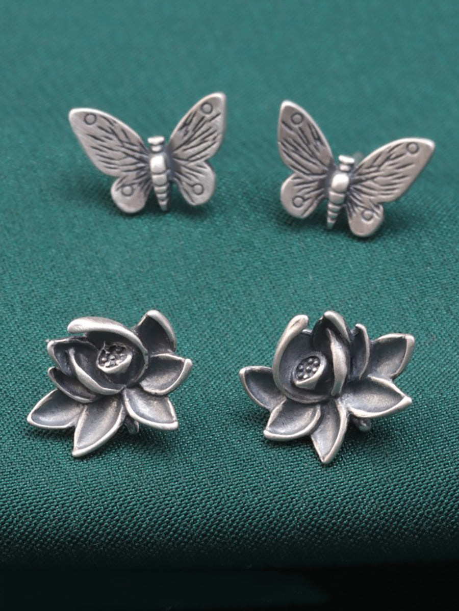 Brincos de orelha de borboleta com flor vintage S925Sliver