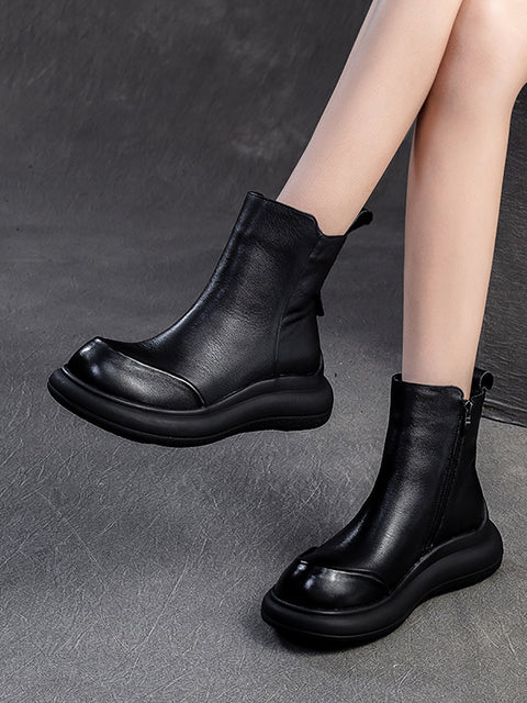 Botas femininas casuais de inverno com zíper de couro de salto médio