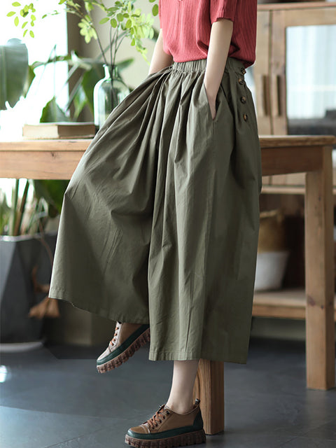 Women Summer Solid Pleat Button Pocket Wide-leg Pants