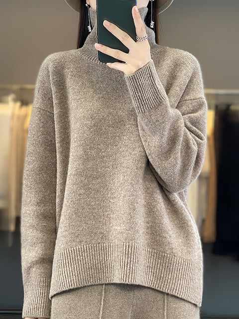 Women Autumn Casual Turtleneck Solid 100%Wool Sweater