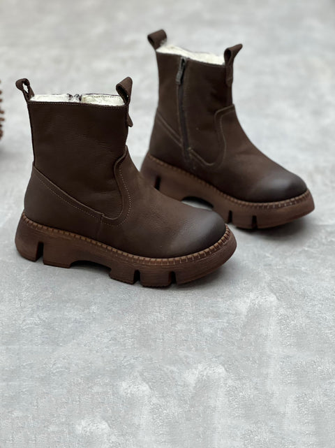 Botas femininas de inverno com couro sólido forrado de lã