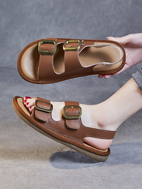 Women Summer Casual Leather Flat Button Sandals