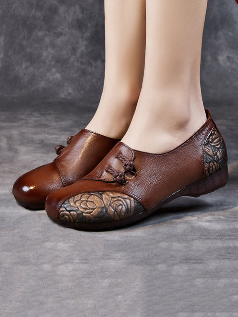 Women Spring Ethnic Flower Leather Spliced Flat Shoes