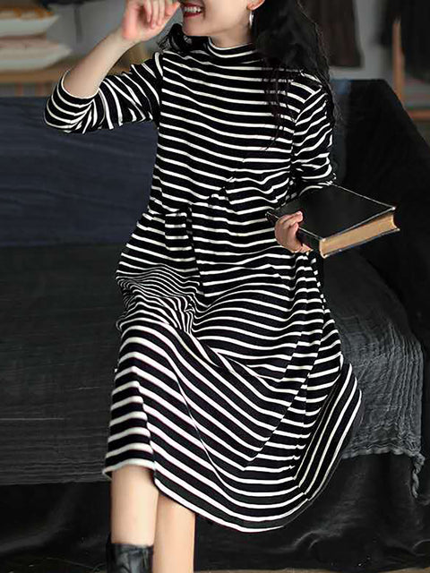 Plus Size Women Autumn Stripe Turtleneck Cotton Dress