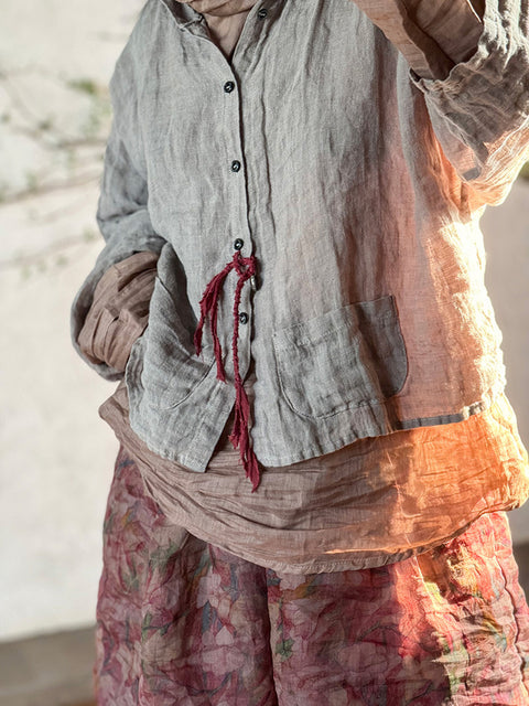 Camisa feminina de verão vintage de linho sólida com botões e capuz