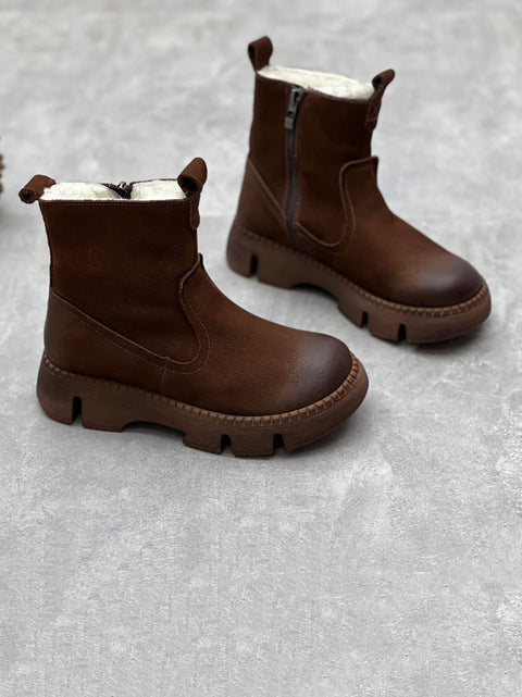 Botas femininas de inverno com couro sólido forrado de lã