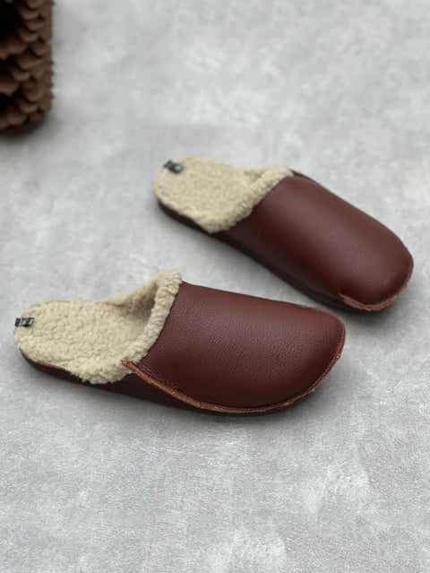 Women Vintage Winter Leather Fleece-lined Flat Slippers