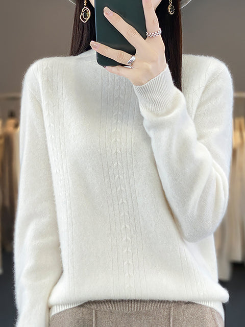 Women Autumn Solid Cable Knit 100%Wool Half Turtleneck Sweater