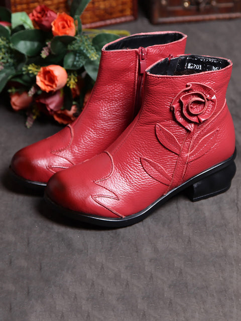 Botas femininas retrô de couro com emenda de flores