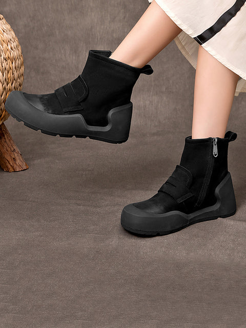 Women Retro Frosted Leather Spliced Zipper Flat Boots