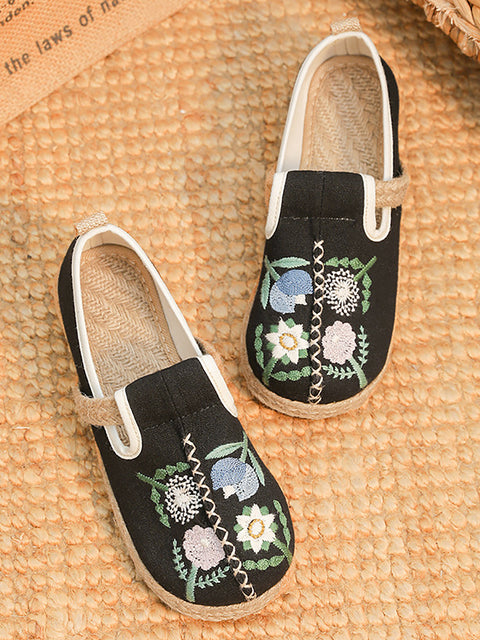 Sapatos femininos artísticos de verão com bordados de flores em linho