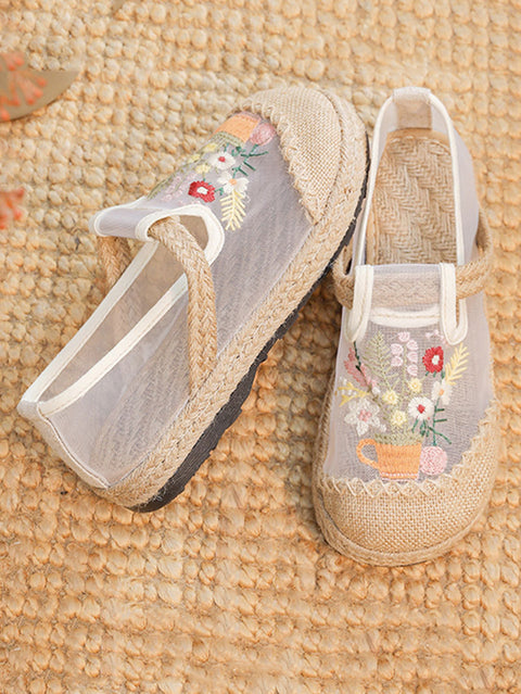 Women Summer Flower Embroidery Linen Spliced Shoes