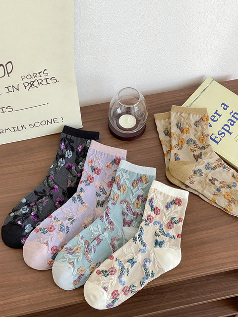 5 Pairs Women Artsy Floral Colorblock Jacquard Socks