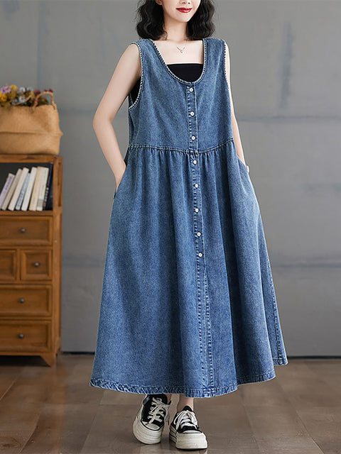 Vestido feminino casual verão sólido jeans solto colete