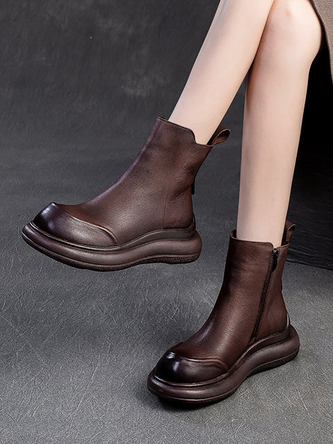 Botas femininas casuais de inverno com zíper de couro de salto médio