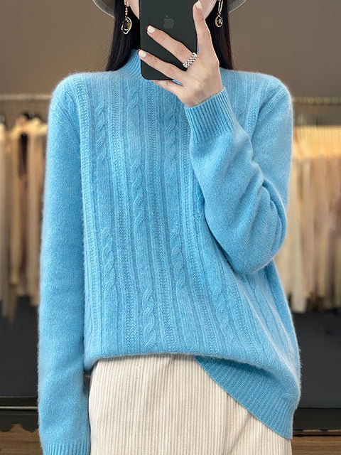 Women Autumn Solid Cable Knit 100%Wool Half Turtleneck Sweater