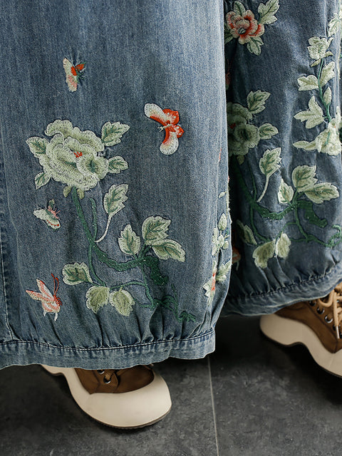 Mulheres primavera flor bordado jeans calças largas