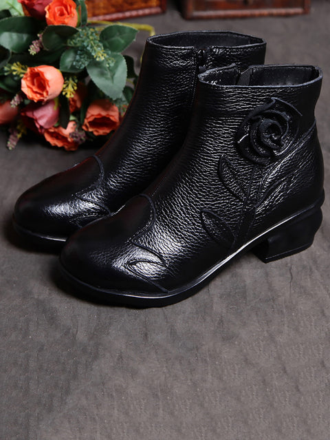 Botas femininas retrô de couro com emenda de flores