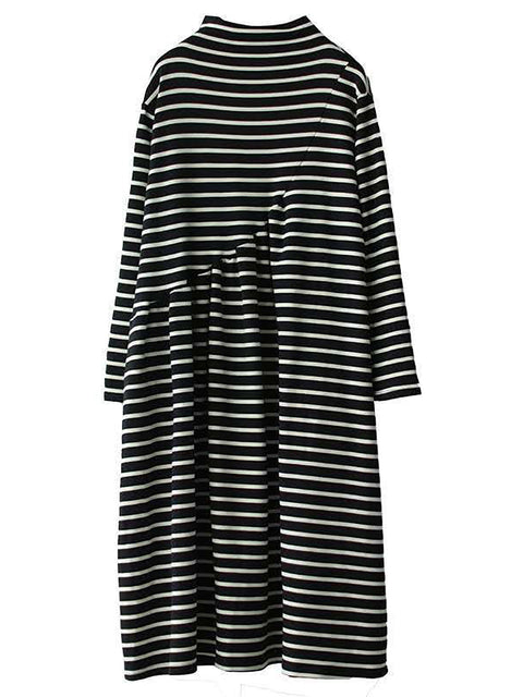 Plus Size Women Autumn Stripe Turtleneck Cotton Dress