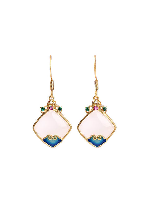 Women Ethnic Jade S925Sliver Enamel Cloud Earrings