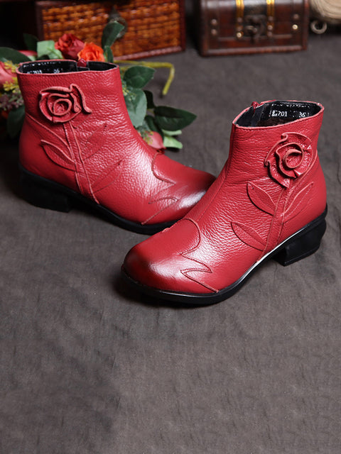 Botas femininas retrô de couro com emenda de flores