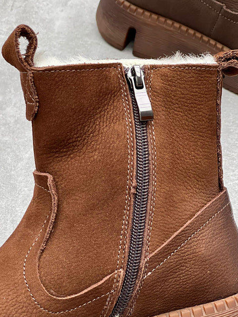 Botas femininas de inverno com couro sólido forrado de lã