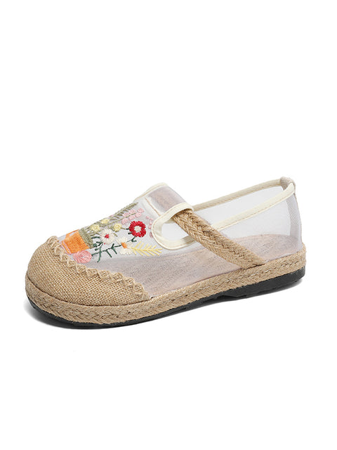 Sapatos femininos de verão com bordado de flores e linho emendado