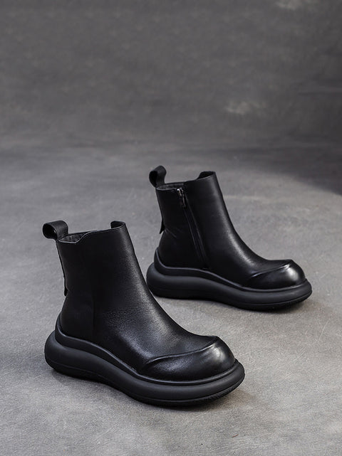 Botas femininas casuais de inverno com zíper de couro de salto médio