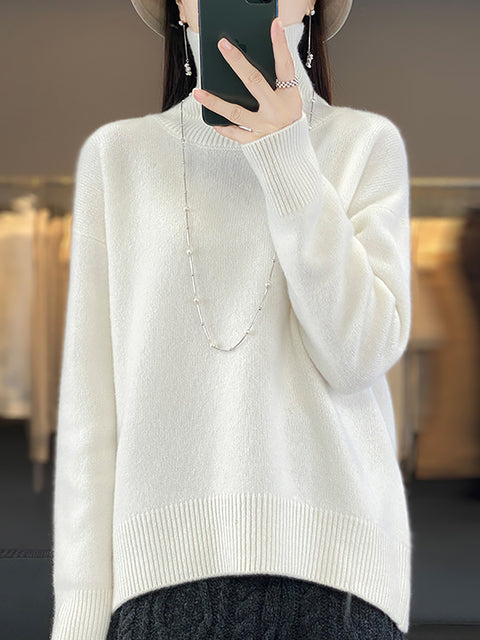 Women Autumn Casual Turtleneck Solid 100%Wool Sweater