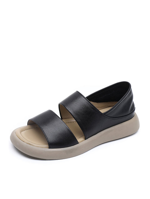 Sapatos femininos de couro sólido de verão Soft Peep-toe planos