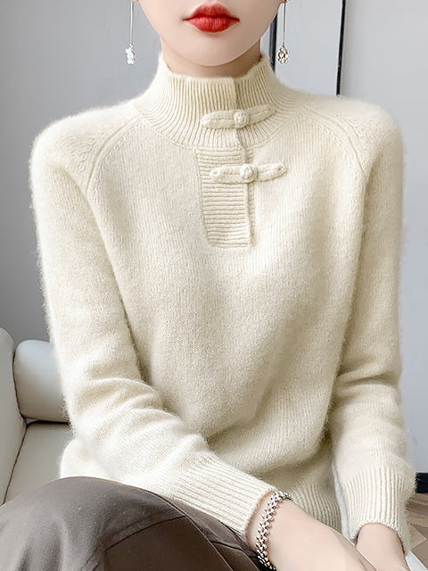 Women Retro Solid Winter Wool Half-Turtleneck Sweater