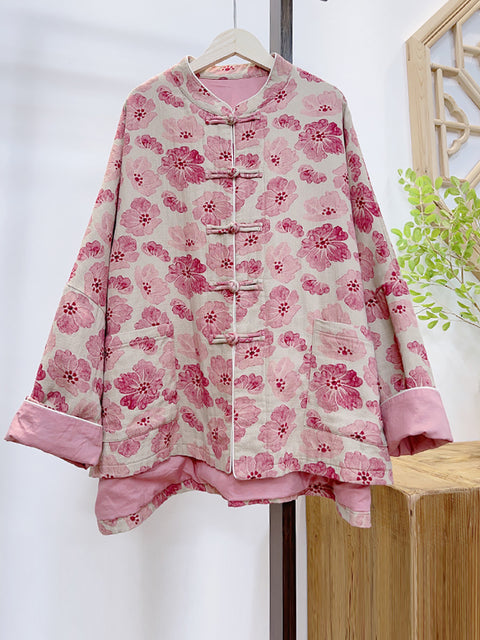 Casaco feminino retro flor estampado rosa acolchoado