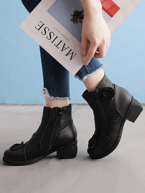 Women Retro Flower Leather Solid Mid-Heel Boots