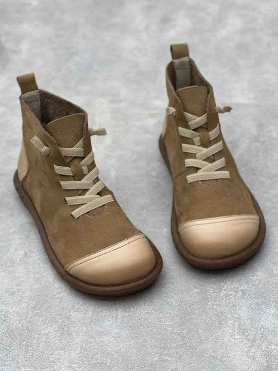 Botas femininas vintage de couro emendado com cordão para tornozelo