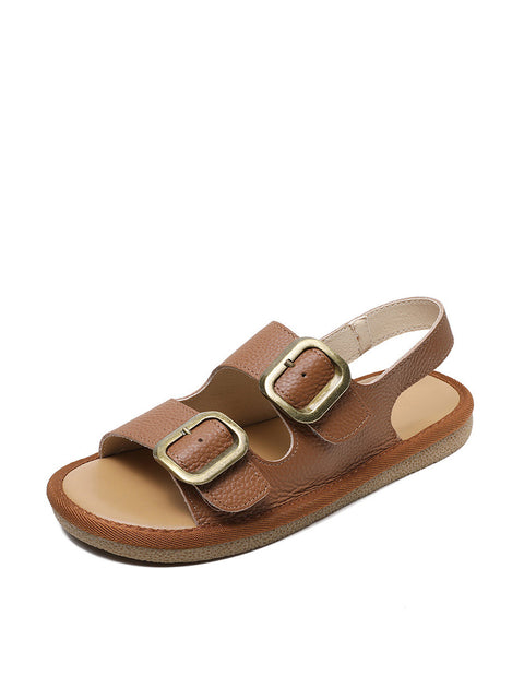 Women Summer Casual Leather Flat Button Sandals