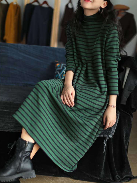 Plus Size Women Autumn Stripe Turtleneck Cotton Dress