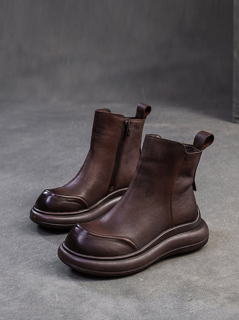 Botas femininas casuais de inverno com zíper de couro de salto médio