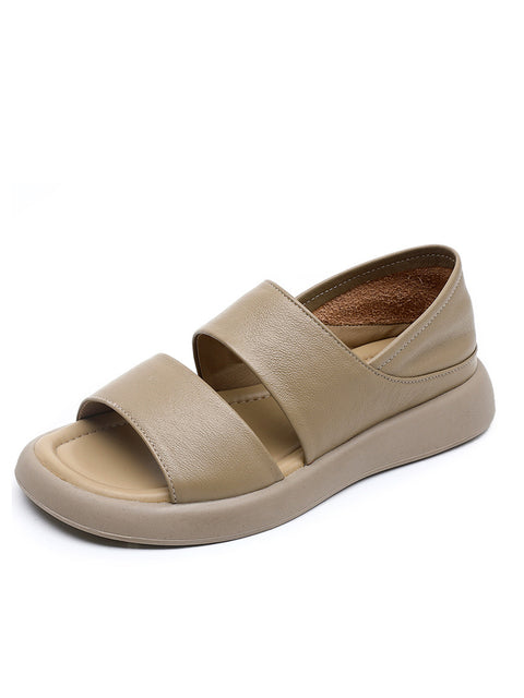 Sapatos femininos de couro sólido de verão Soft Peep-toe planos